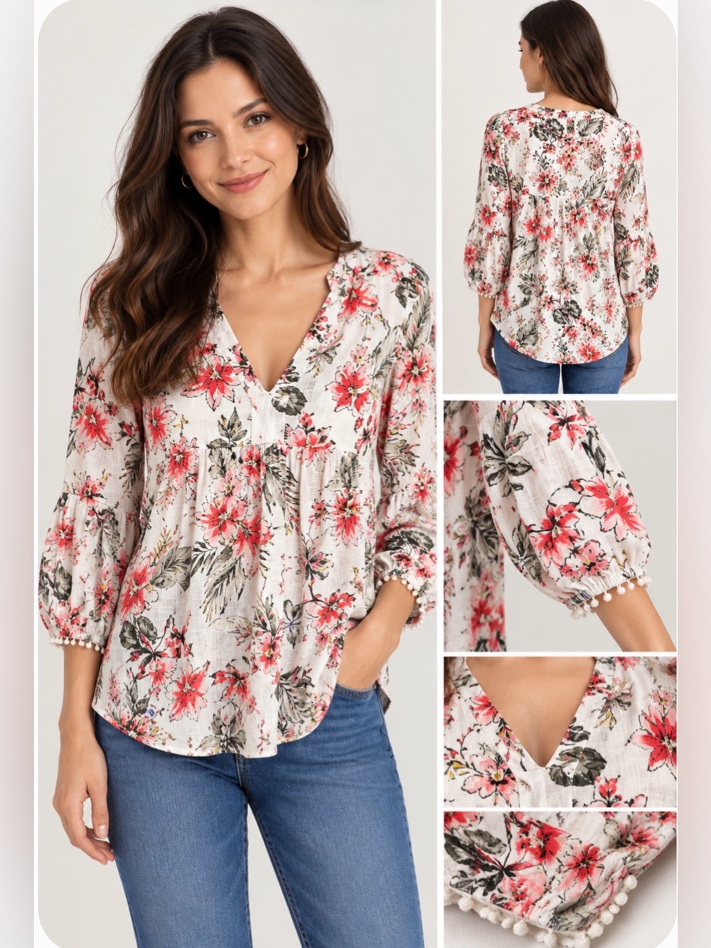 Zara Basic 100% Linen Floral V-Neck Blouse S NWOT